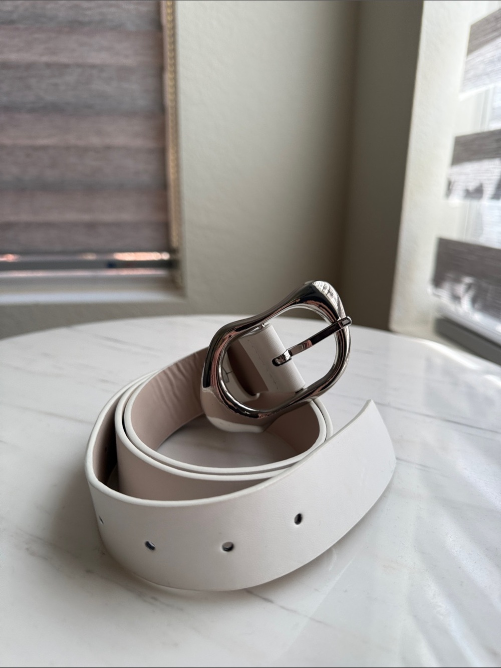 White Leather Women's Belt with Silver Buckle